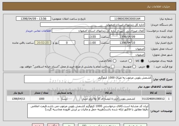 استعلام کشمش پلویی مرغوب به میزان 1000 کیلوگرم.
