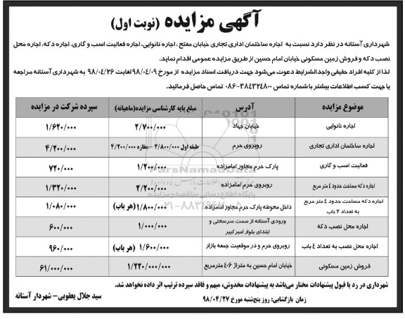 مزایده, مزایده اجاره ساختمان اداری تجاری... 