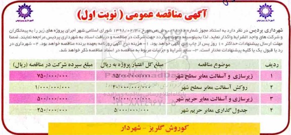 مناقصه عمومی, مناقصه زیرسازی و آسفالت معابر سطح شهر ... 