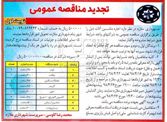 تجدید مناقصه اجاره ماشین آلات