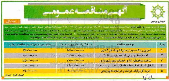 مناقصه، مناقصه اجرای رینگ سوم و...