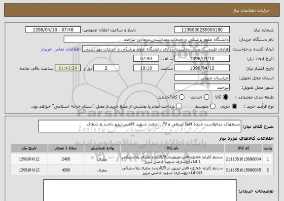 استعلام سرمهای درخواست شده فقط تزریقی و 9/ . درصد شهید قاضی تبریز باشد و شفاف 
