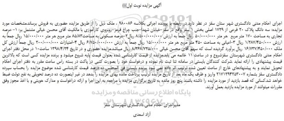 مزایده، مزایده فروش سه دانگ پلاک 20 فرعی از 1729 اصلی 