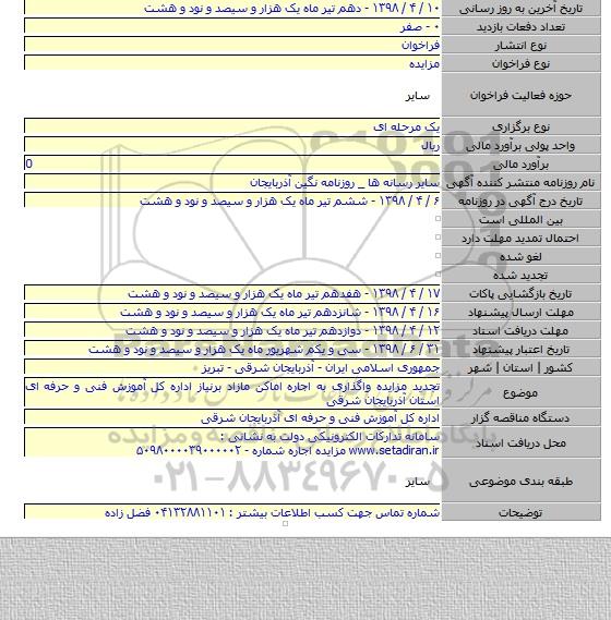 تجدید مزایده واگذاری به اجاره اماکن مازاد برنیاز اداره کل آموزش فنی و حرفه ای استان آذربایجان شرقی