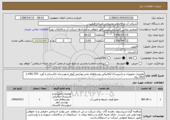 استعلام تعمیرات تجهیزات و تاسیسات مکانیکی روستاهای تحت پوشش آبفار شهرستان تاکستان با آورد 1،450،757،352 ریال 