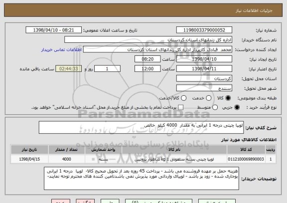 استعلام لوبیا چیتی درجه 1 ایرانی به مقدار  4000 کیلو  خالص