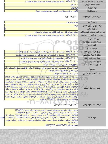 انجام خدمات مهندسی مرحله سوم پروژه عملیات اجرایی کاهش سطح ایستابی آب زیرسطحی درمحدوده شهر کرمان