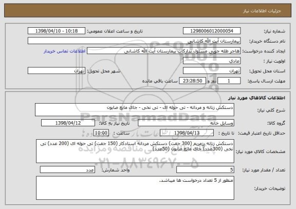 استعلام دستکش زنانه و مردانه - تی حوله ای - تی نخی - جای مایع صابون 