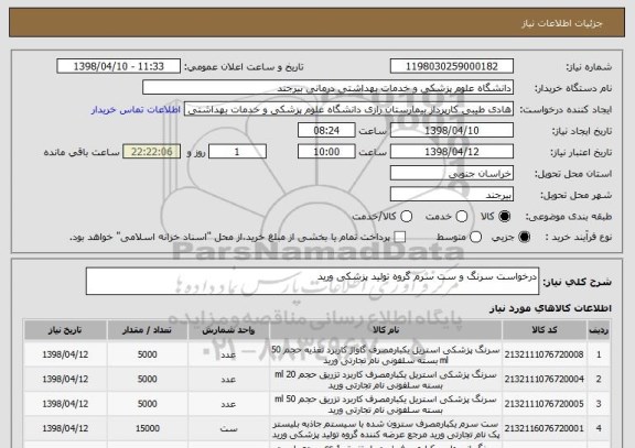 استعلام درخواست سرنگ و ست سرم گروه تولید پزشکی ورید