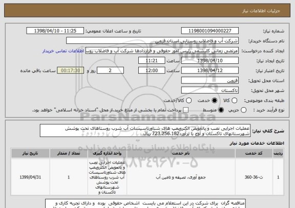 استعلام عملیات اجرایی نصب و یاتعویض الکتروپمپ های شناورتاسیسات آب شرب روستاهای تحت پوشش شهرستانهای تاکستان و آوج با برآورد723،256،182 ریال