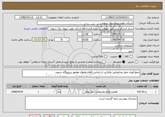 استعلام جمع آوری حمل وجابجایی بخشی از اجناس اقلام واموال موجود درنیروگاه سهند