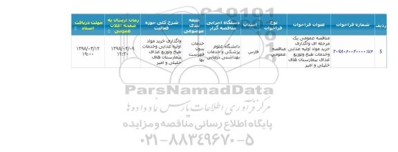 مناقصه ، مناقصه واگذاری خرید مواد اولیه غذایی و خدمات طبخ و...