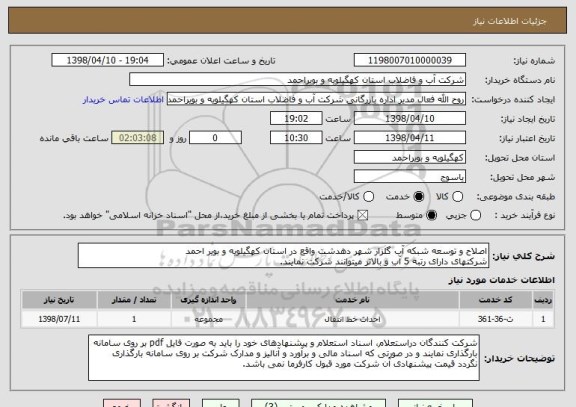 استعلام اصلاح و توسعه شبکه آب گلزار شهر دهدشت واقع در استان کهگیلویه و بویر احمد
شرکتهای دارای رتبه 5 آب و بالاتر میتوانند شرکت نمایند.