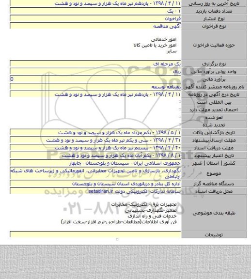 نگهداری٬ بازسازی و تامین تجهیزات مخابراتی٬ انفورماتیکی و زیرساخت های شبکه ارتباطی