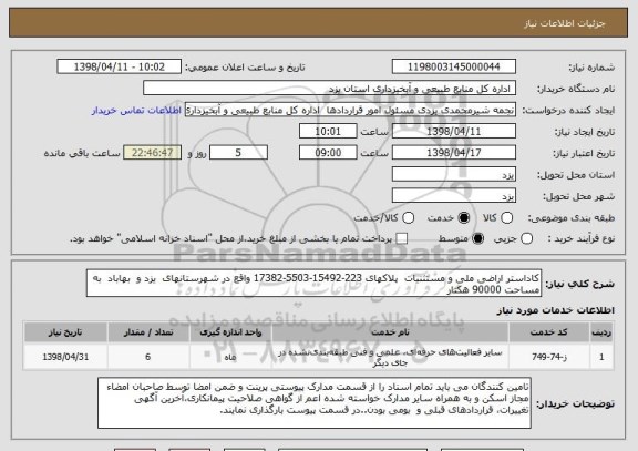 استعلام کاداستر اراضی ملی و مستثنیات  پلاکهای 223-15492-5503-17382 واقع در شهرستانهای  یزد و  بهاباد  به مساحت 90000 هکتار              
