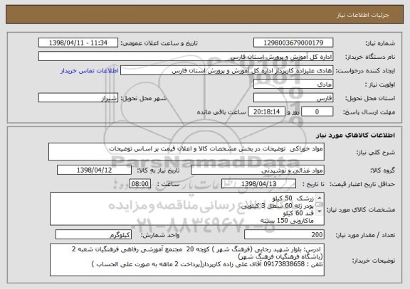 استعلام مواد خوراکی  توضیحات در بخش مشخصات کالا و اعلان قیمت بر اساس توضیحات