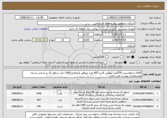 استعلام کالای درخواستی 576عدد روپوش کار و 467 عدد پیراهن مردانه و 1040 عدد شلوار تک بر اساس اسناد ومشخصات پیوست می باشد.