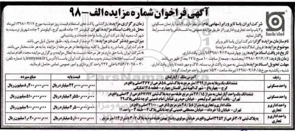 آگهی مزایده  مزایده فروش 2 باب آپارتمان مسکونی و تجاری