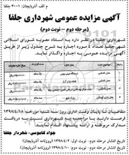 مزایده, مزایده تعداد 4 مورد اجاره  مرحله دوم - نوبت دوم