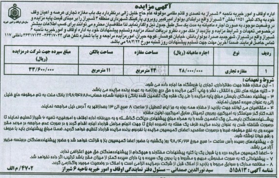 مزایده , مزایده واگذاری به اجاره یک باب مغازه تجاری