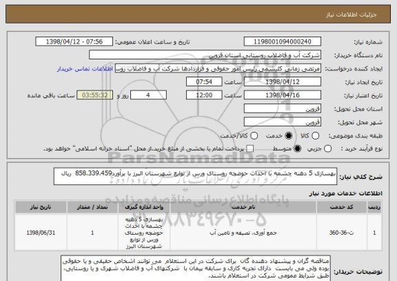 استعلام بهسازی 5 دهنه چشمه با احداث حوضچه روستای ورس از توابع شهرستان البرز با برآورد858،339،459  ریال 