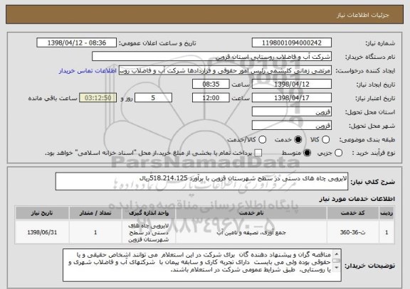 استعلام لایروبی چاه های دستی در سطح شهرستان قزوین با برآورد 518،214،125ریال 