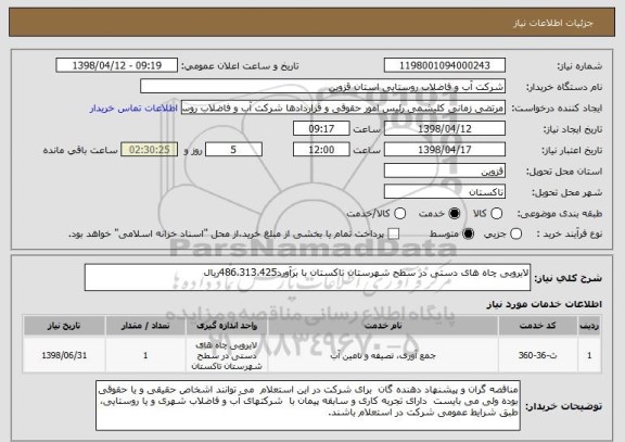 استعلام لایروبی چاه های دستی در سطح شهرستان تاکستان با برآورد486،313،425ریال 