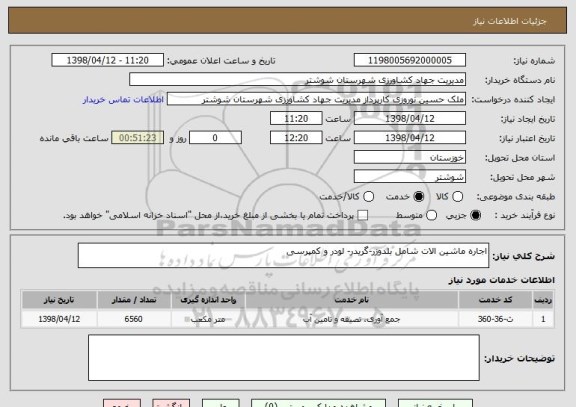استعلام اجاره ماشین الات شامل بلدوزر-گریدر- لودر و کمپرسی
