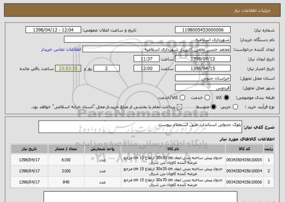 استعلام بلوک جدولی استاندارد طبق استعلام پیوست