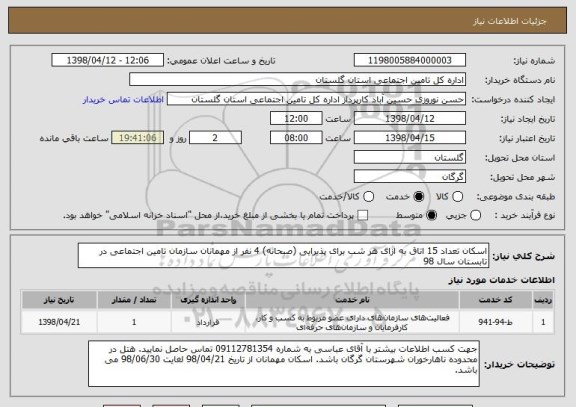 استعلام اسکان تعداد 15 اتاق به ازای هر شب برای پذیرایی (صبحانه) 4 نفر از مهمانان سازمان تامین اجتماعی در تابستان سال 98