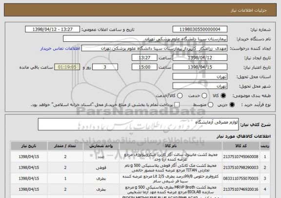 استعلام لوازم مصرفی آزمایشگاه