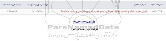 استعلام، استعلام اجرای عملیات شبکه و انشعابات فاضلاب خانگی ...