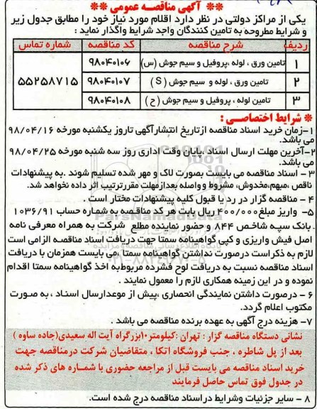 مناقصه, مناقصه  تامین ورق، لوله، پروفیل و سیم جوش س و...