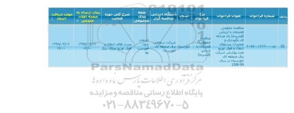مناقصه ، مناقصه عمومی با ارزیابی فشرده یک مرحله ای نگهداری و تعمیرات پستهای