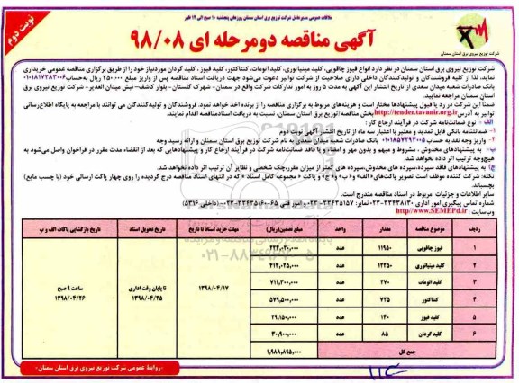 آگهی مناقصه ،مناقصه  انواع فیوز چاقویی