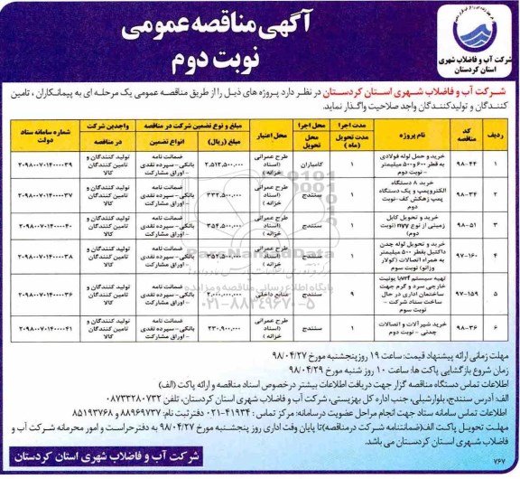 مناقصه, مناقصه خرید و حمل لوله فولادی نوبت دوم 