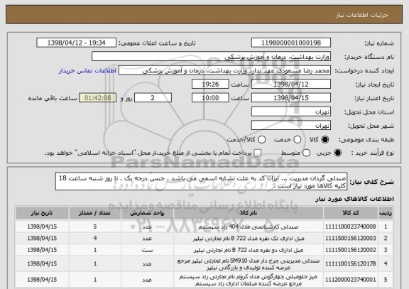 استعلام صندلی گردان مدیریت ... ایران کد به علت تشابه اسمی می باشد . جنس درجه یک . تا روز شنبه ساعت 18 کلیه کالاها مورد نیاز است . 