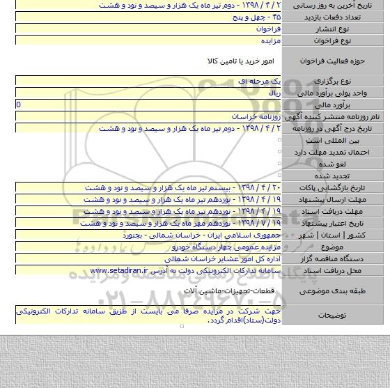 مزایده عمومی چهار دستگاه خودرو