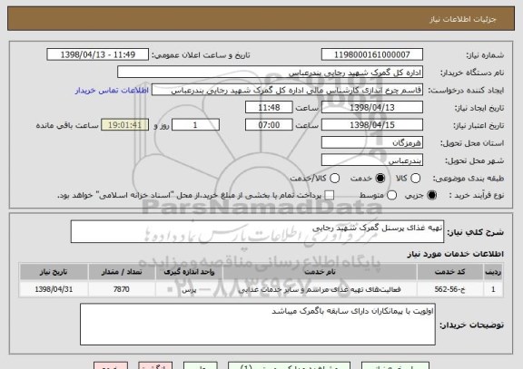 استعلام تهیه غذای پرسنل گمرک شهید رجایی