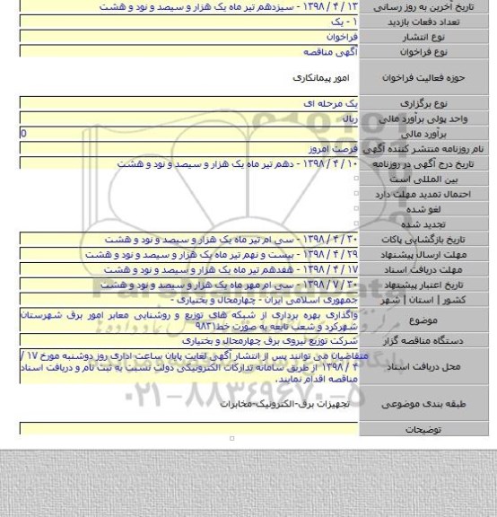 واگذاری بهره برداری از شبکه های توزیع و روشنایی معابر امور برق شهرستان شهرکرد و شعب تابعه به صورت خط۹۸۳۱