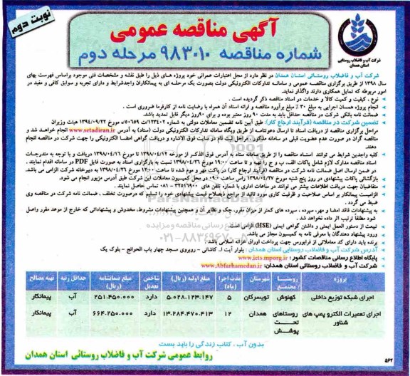 آگهی مناقصه عمومی ، مناقصه اجرای شبکه توزیع داخلی.... مرحله دوم نوبت دوم 