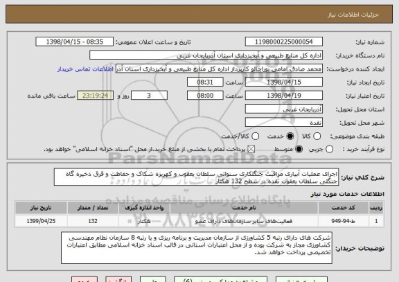 استعلام اجرای عملیات آبیاری مراقبت جنگلکاری سنواتی سلطان یعقوب و کهریزه شکاک و حفاظت و قرق ذخیره گاه جنگلی سلطان یعقوب نقده در سطح 132 هکتار