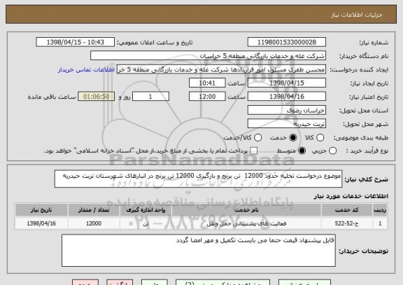 استعلام موضوع درخواست تخلیه حدود 12000  تن برنج و بارگیری 12000 تن برنج در انبارهای شهرستان تربت حیدریه 
