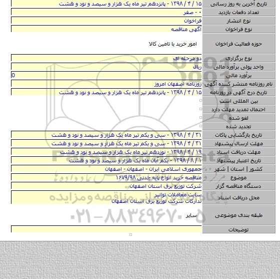 مناقصه خرید انواع پایه چدنی ۱۶۷۹/۹۸
