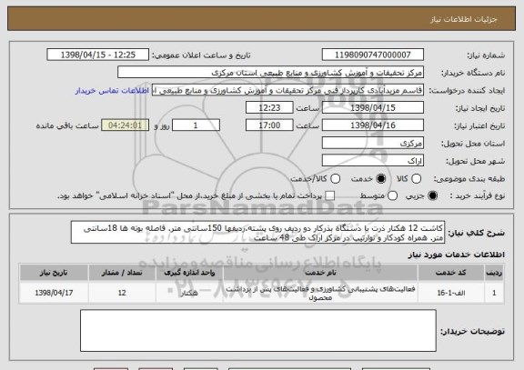 استعلام کاشت 12 هکتار ذرت با دستگاه بذرکار دو ردیف روی پشته.ردیفها 150سانتی متر. فاصله بوته ها 18سانتی متر. همراه کودکار و نوارتیپ در مرکز اراک طی 48 ساعت