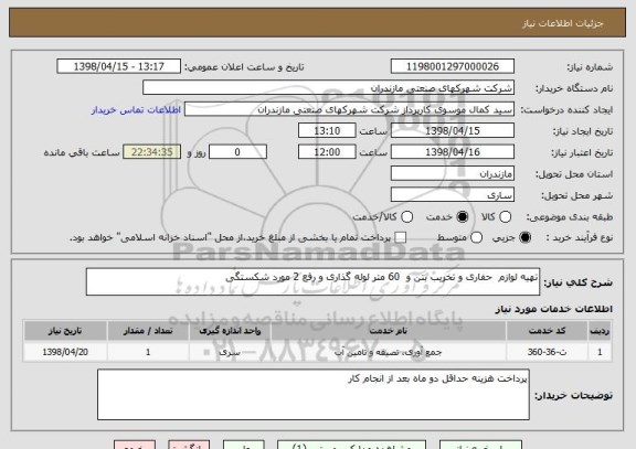 استعلام تهیه لوازم  حفاری و تخریب بتن و  60 متر لوله گذاری و رفع 2 مورد شکستگی