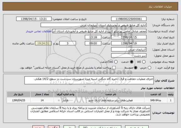 استعلام اجرای عملیات حفاظت و قرق ذخیره گاه جنگلی اسپه میزه شهزستان سزدشت در سطح 14/2 هکتار.