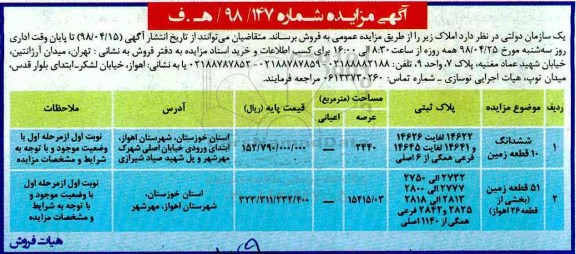 آگهی مزایده مزایده فروش املاک
