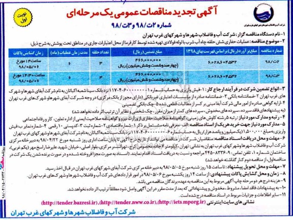 آگهی تجدید مناقصات عمومی , مناقصه عملیات حفاری شش حلقه چاه آب شرب... تجدید