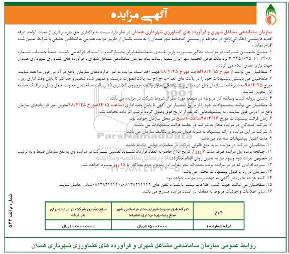 مزایده, مزایده واگذاری حق بهره برداری از تعداد 1 واحد غرفه اغذیه فروشی